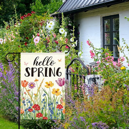 Hello Spring Garden Flag for Outside,Spring Wildflower Garden Flag Yard Lawn Porch Flags for Outdoor Decorations 12x18 Inch Double Sided