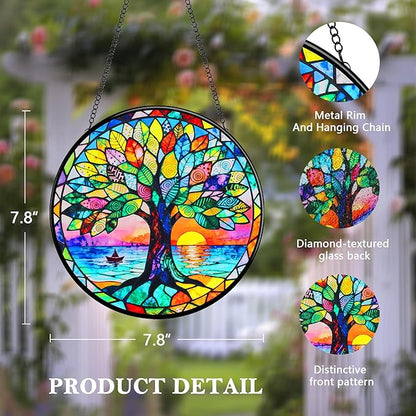 Stained Glass Tree of Life Suncatcher, Handmade Rainbow Maker Window Hanging for Garden or Home – Memorial & Sympathy Gifts, Remembrance Gift for Women Mom Family, Whimsical Decor (Colorful, Medium)