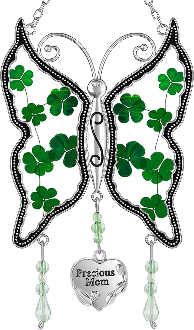 KY&BOSAM Shamrock Butterfly Suncatcher Precious Mom Gifts Irish Celtic for Window Hanging Wind Chime Real Flower Wings with Metal Charm Gifts for Women St Patrick's Mothers Day Birthday Christmas