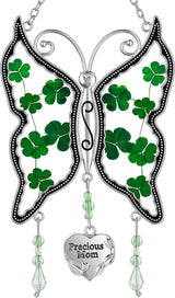 KY&BOSAM Shamrock Butterfly Suncatcher Precious Mom Gifts Irish Celtic for Window Hanging Wind Chime Real Flower Wings with Metal Charm Gifts for Women St Patrick's Mothers Day Birthday Christmas