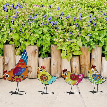 4 Pack Chicken Garden Decor for Outside, Rooster Glass & Metal Yard Art Decoration for Porch Patio, Bird Garden Statues Gifts for Grandma Mom Women (Colorful)