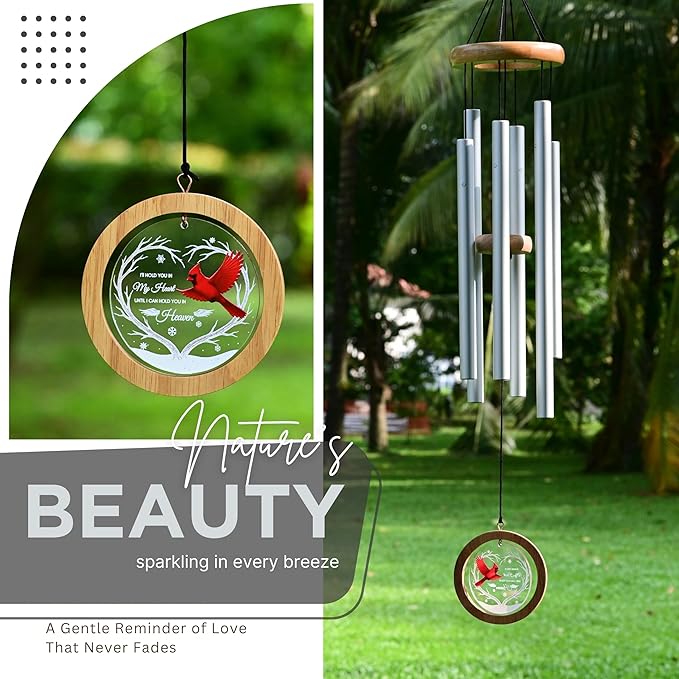 Wind Chimes for Outside, Wind Chimes Outdoor Clearance, Deep Tone Outdoors, Cardinal Wind Chime, Memorial, Sympathy Gift, Patio, Porch, Home Décor, Modern, Acrylic Art, Silver (34" Cardinal)