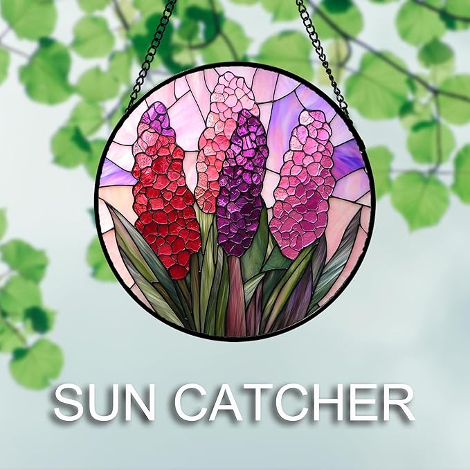 DASTOLL Stained Glass Window Hanging 4 Pcs Set Purple Flower Theme 6.3" - Tulip Suncatcher Door Garden Sun Catcher Decor Birthday Christmas for Plant Lovers Woman Nana Men