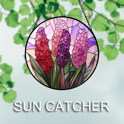 DASTOLL Stained Glass Window Hanging 4 Pcs Set Purple Flower Theme Large 15" - Tulip Suncatcher Door Garden Sun Catcher Decor Birthday Christmas for Plant Lovers Woman Nana Men