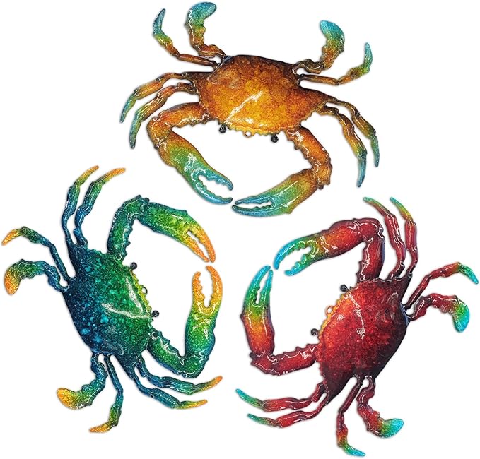John's Studio Metal Crab Sea Wall Decor Outdoor Garden Hanging Art Sculptures Home Ocean Theme Decorations for Kitchen Bathroom and Pool - 3 PCS