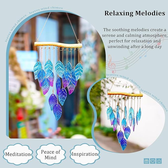 Wind Chimes for Outside,Stained Glass Leaves Wind Chimes Indoor Outdoor Hanging Decor Handmade 12.5" Garden Chimes for Windows, Patio,Backyard Decor Ornament for Christmas Tree