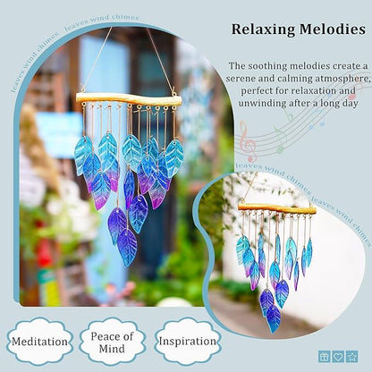 Wind Chimes for Outside,Stained Glass Leaves Wind Chimes Indoor Outdoor Hanging Decor Handmade 12.5" Garden Chimes for Windows, Patio,Backyard Decor Ornament for Christmas Tree