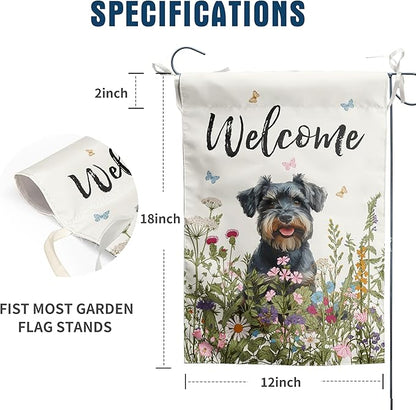 Spring Summer Garden Flag Floral Schnauzer Yard Flag Flower Dog Garden Flags for Outside Small Outdoor Welcome Flags 12x18 Double Sided