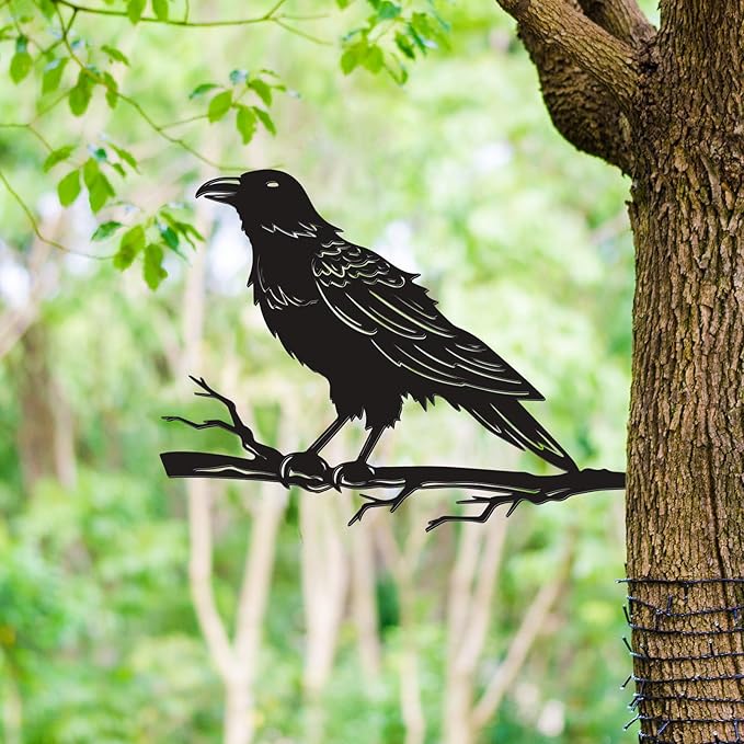 Raven Crow Fence Topper Decor, Metal Garden Birds Black Silhouette Statue, Halloween Witchy Gothic Ornament for Yard Fence, Fake Crow Home Garden Decoration (Vivid)