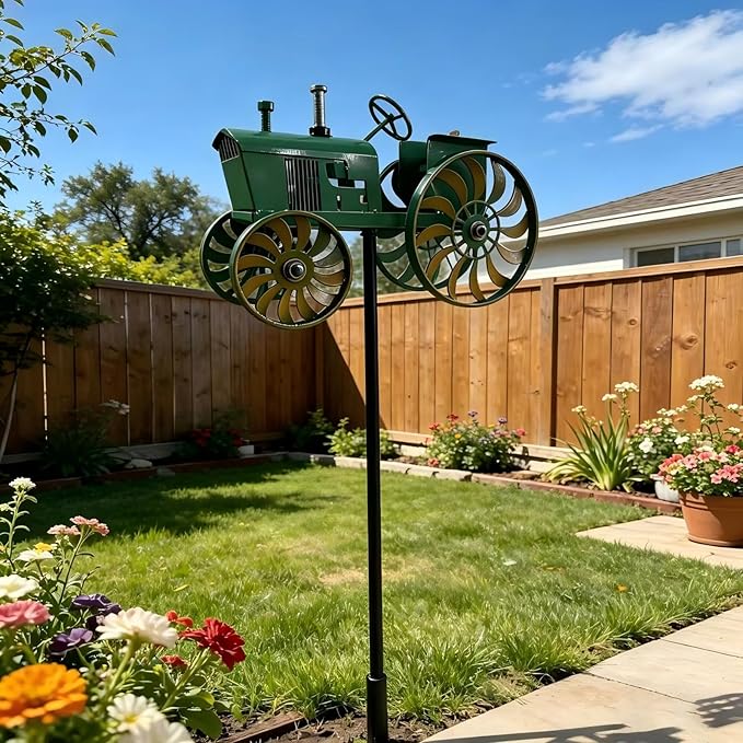 Green Tractor Wind Spinner Outdoor - Metal Windmill for Yard and Garden Decor - Kinetic Wind Sculptures & Spinners with Rotating Wheels and Sturdy Stake - Large Lawn Ornaments & Yard Art