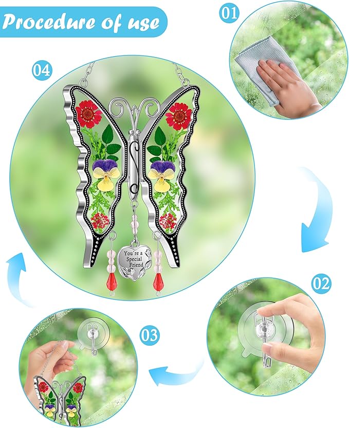 KY&BOSAM Butterfly Suncatcher You`re a Special Friend Gift Glass Suncatchers for Window Hanging Wind Chime Ornament with Pressed Real Flower and Heart Charm Birthday Gift for Mother`s Day Valentine`s