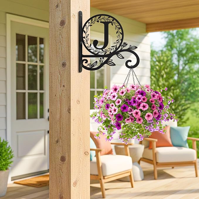 Metal Initial Letter J Plant Hanger Bracket, Decorative Wall Mount Hanging Plant Hook, Monogram Floral Leaf Garden Decor for Hanging Baskets, Bird Feeders, Lanterns, Wind Chimes