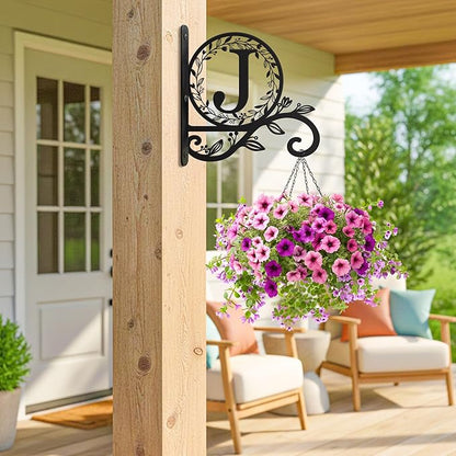 Metal Initial Letter J Plant Hanger Bracket, Decorative Wall Mount Hanging Plant Hook, Monogram Floral Leaf Garden Decor for Hanging Baskets, Bird Feeders, Lanterns, Wind Chimes