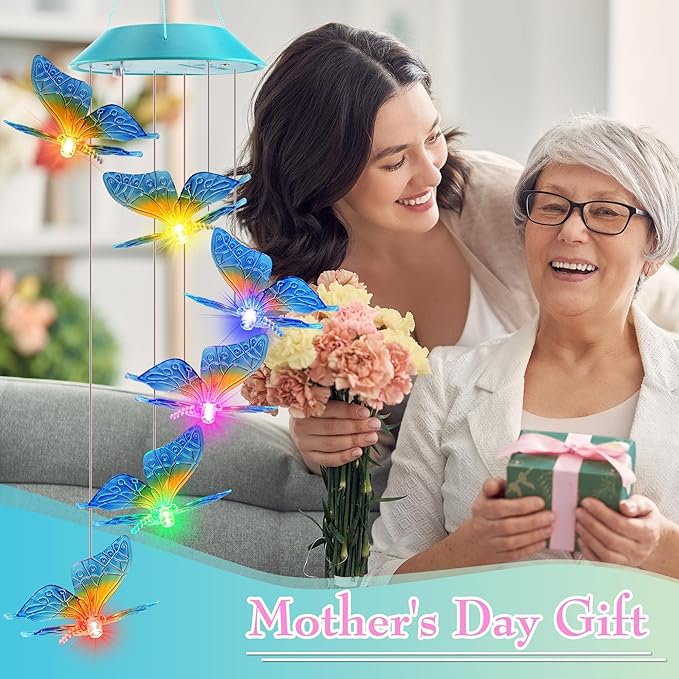 Solar Butterfly Gift for Mom Girls, Color Changing Christmas Wind Chimes for Outside, Solar Outdoor Decorative Mobile Lights for Garden, Yard, Patio, Window, Christmas Decorations, Gift for Women