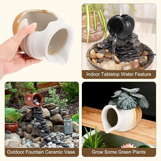 M METERXITY Ceramic Garden Fountain Spitter, Clay Pot Ecological Tank for Pond/Backyard Water Feature/Cave Waterfall/Landscaping, DIY Water Flow Jar Hydroponic Vase [5.5in, White]