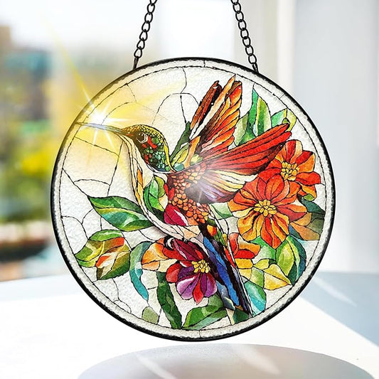 Bimkole Hummingbird Stained Glass Suncatcher Window Hanging - Flowers Design for Indoor Window or Doorway Decoration - 7.87x7.87 inch with Chain and Hook - Unique Home Decor Gift