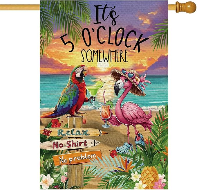 Baccessor Summer House Flag 28 x 40 Inch, Flamingo Its 5 O'Clock SOMEWHERE Double Sided Burlap Welcome Large Yard Flag Seasonal Holiday Lawn Proch Outdoor Outside Decor
