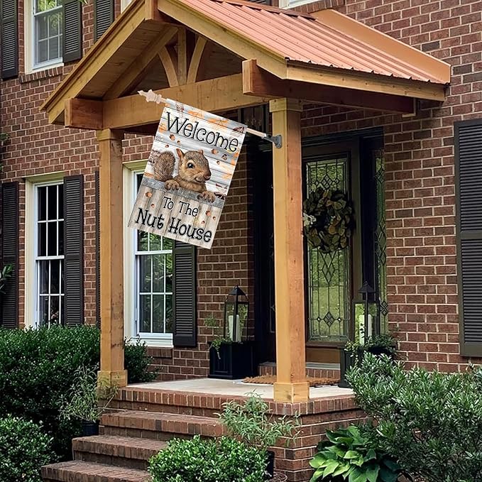 Welcome to the Nut House House Flag 28x40 Inch Double-Sided Outdoor Squirrel Decorations for Home Porch & Yard Outdoor Decoration