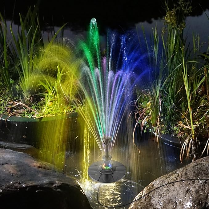 Jutai Electric Floating Pond Fountain Colorful LED Lights DC 12V, Built-in Filter System, Waterfall Fountain Pump,32.8ft Power Cord, Day and Night Lighting, Energy Saving for Above Ground Pools