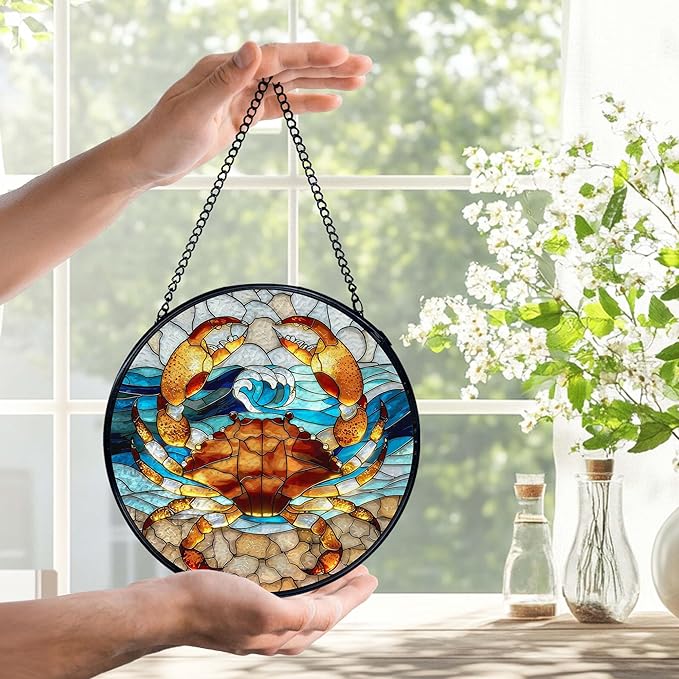 Crab Decor, Beach Coastal Crab Suncatchers Stained Glass Window Hanging, Coastal Ocean Sun Catchers Indoor Window Glass Round Wall Decor, Beachy Wall Hanging Decorations, 7.9x7.9in
