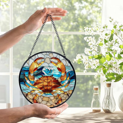 Crab Decor, Beach Coastal Crab Suncatchers Stained Glass Window Hanging, Coastal Ocean Sun Catchers Indoor Window Glass Round Wall Decor, Beachy Wall Hanging Decorations, 7.9x7.9in