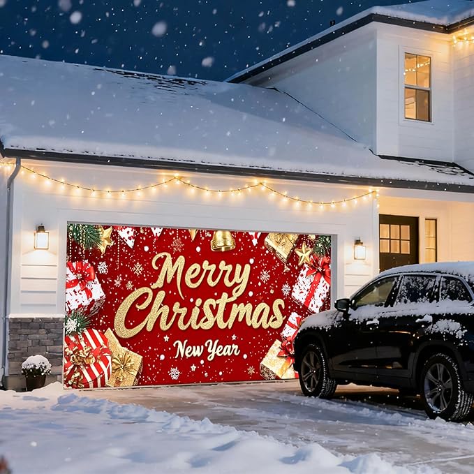 IVN Christmas Garage Door Cover Decoration 13x6ft Red Glitter Wrapped Gifts Golden Bells Snowflakes Merry Christmas Winter Garage Door Banner Home Door Front Yard Decor for Xmas Eve Holiday Outdoor