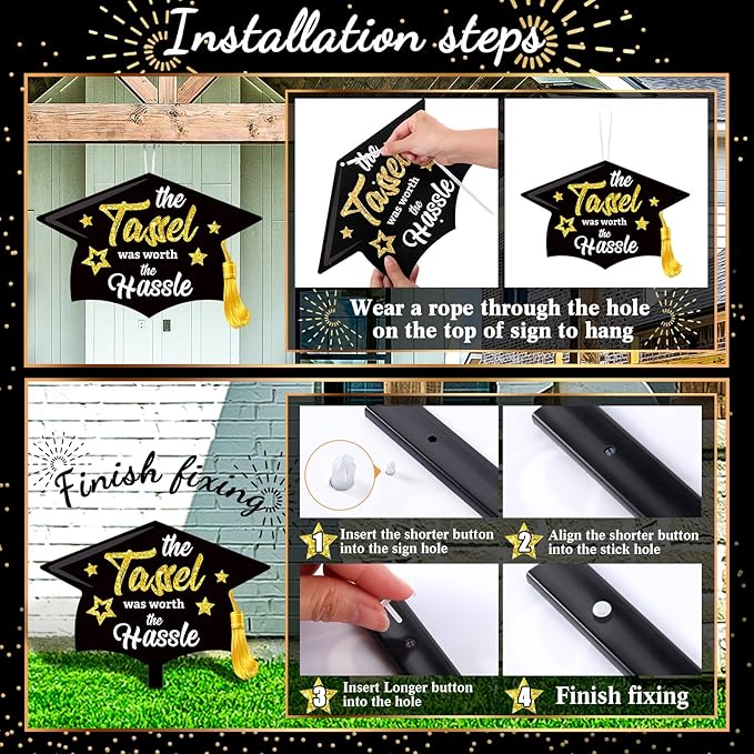Chunful 12 Pack Graduation Yard Signs Grad Decoration 2026 Happy Graduate Lawn Garden Sign with Stake Congrats Outdoor Plastic Cap Hanging Ornament for Class Pathway Walkway Porch Party(Black)