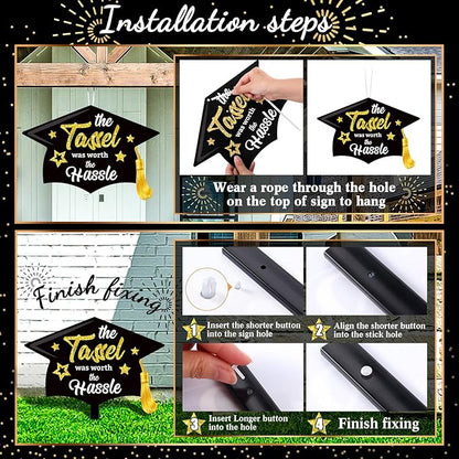Chunful 12 Pack Graduation Yard Signs Grad Decoration 2026 Happy Graduate Lawn Garden Sign with Stake Congrats Outdoor Plastic Cap Hanging Ornament for Class Pathway Walkway Porch Party(Black)