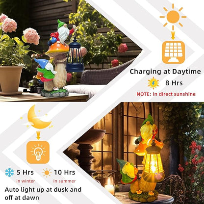 YUETJIN Funny Garden Gnomes Outdoor Climbing on Mushroom with Holding a Solar LED Lantern Resin Mushroom Statue for Patio Yard Lawn Porch Decor