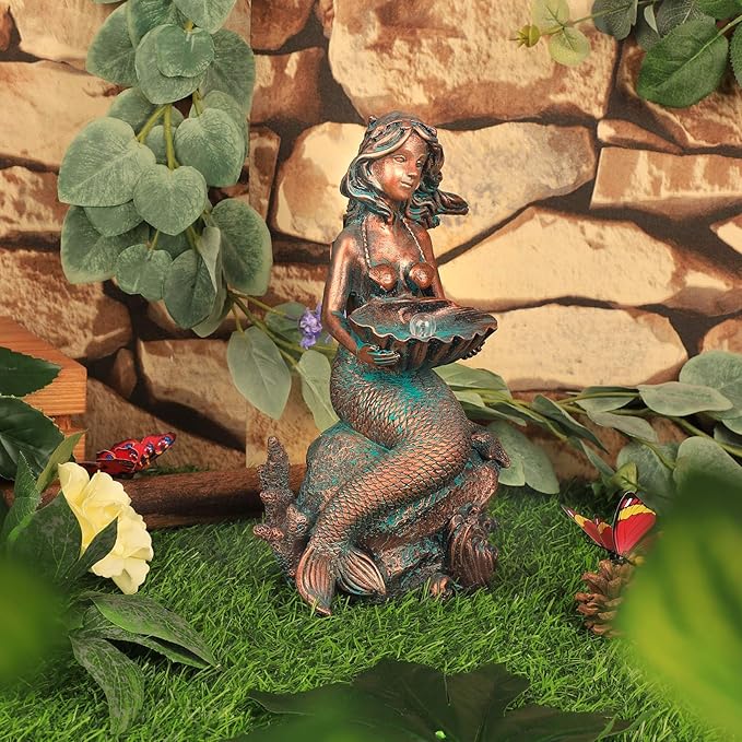 Mermaid Sitting on Rock Statue Decorations Animals Bird Bath Feeder Garden Statue Light Up Figurines Princess Ornament Indoor Outdoor Sculpture Gift for Home Yard Patio Decor