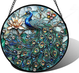 DASTOLL Stained Glass Window Hanging, Blue Peacock Decoration Suncatcher for Door Garden Home Flower Bird Sun Catchers Christmas Mother's Day Birthday Gifts for Women Men Mom Nana Friend 7.8 in