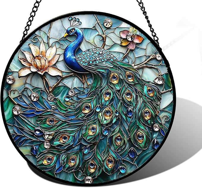 DASTOLL Stained Glass Window Hanging, Blue Peacock Decoration Suncatcher for Door Garden Home Flower Bird Sun Catchers Christmas Mother's Day Birthday Gifts for Women Men Mom Nana Friend 11.8 in