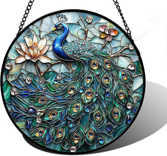 DASTOLL Stained Glass Window Hanging, Blue Peacock Decoration Suncatcher for Door Garden Home Flower Bird Sun Catchers Christmas Mother's Day Birthday Gifts for Women Men Mom Nana Friend 9.8 in