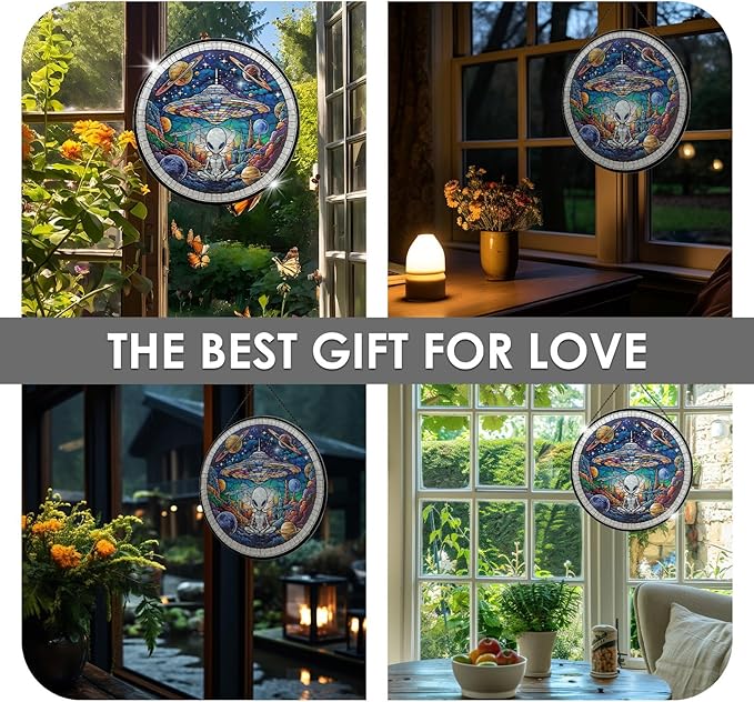 Alien Spaceship Stained Glass Window Hanging, 7.9" UFO Sun Catcher Glass Panel Boho Wall Art Decor, Hand Painted Round Ornament for Friends, Art Lover, Astronomer