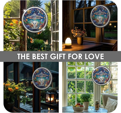 Alien Spaceship Stained Glass Window Hanging, 7.9" UFO Sun Catcher Glass Panel Boho Wall Art Decor, Hand Painted Round Ornament for Friends, Art Lover, Astronomer