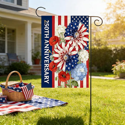 250th Anniversary Garden Flag 12x18 Inch Double Sided, 4th of July Garden Flag with Colorful Flower Design, Red White Blue USA Flags, Garden Decoration for Independence Day, Summer Yard Decor