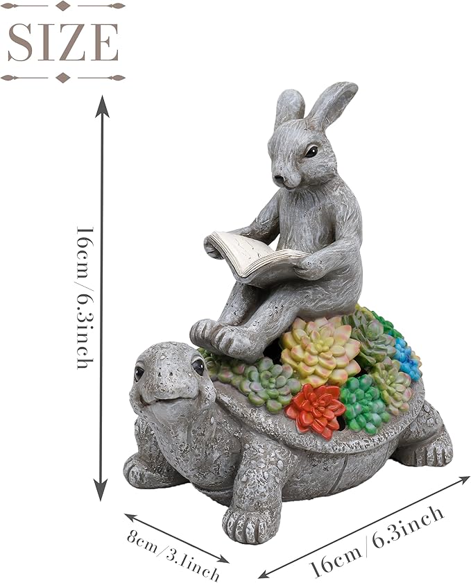 TERESA'S COLLECTIONS Garden Decor, Rabbit Turtle Garden Decor, Cute Bunny and Tortoise with Solar Light, Waterproof Resin Garden Statue, Rabbit Turtle Gifts, Birthday Gifts for Women Mom 6.3"