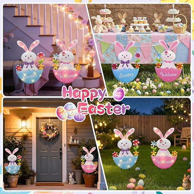 Easter Decorations Outdoor, 25 Inch Cute Bunny Flowers Decorative Garden Stakes for Easter Decor, Welcome Metal Yard Sign for Home Spring Outside Garden Front Porch Lawn Backyard