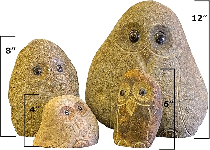 Natural Granite, Hand-Carved Boulder Stone Owl 6" H
