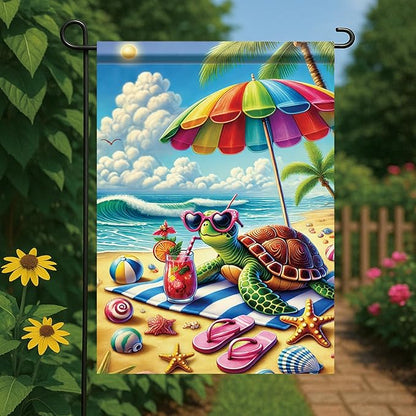 Summer Garden Flag 12x18 Inch Cute Sea Turtle Beach Umbrella Sunglasses Tropical Ocean Design Outdoor Yard Porch Lawn Patio for Seasonal Coastal Home Decor