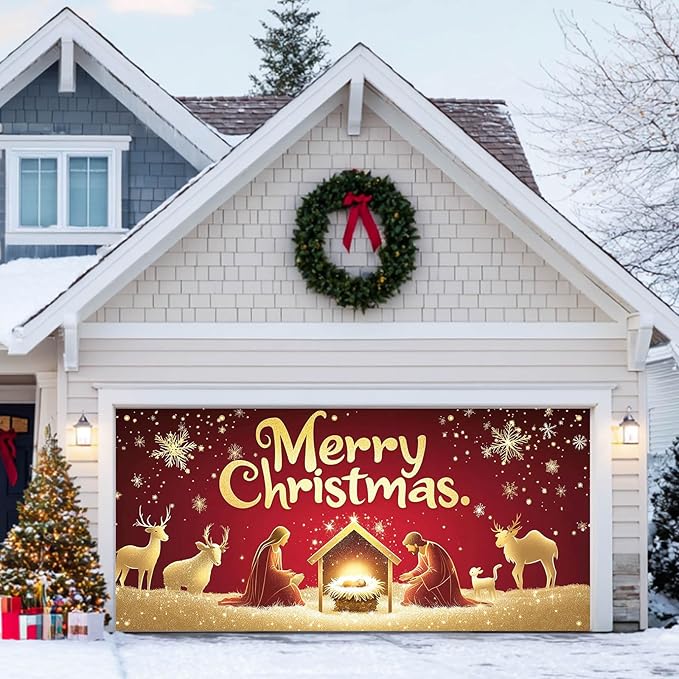 HOMETITUTE Christmas Garage Door Banner 13x6ft Holiday Decoration with Gold Figures Baby Jesus and Mary Red Background Snowflakes Deer Sheep Festive Outdoor Indoor Backdrop
