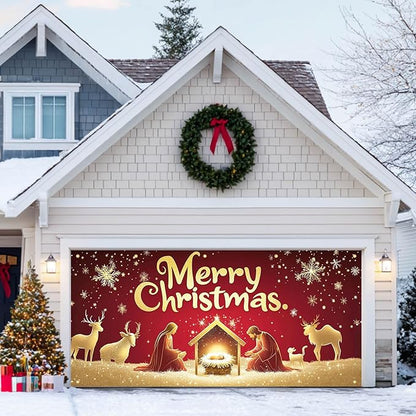HOMETITUTE Christmas Garage Door Banner 13x6ft Holiday Decoration with Gold Figures Baby Jesus and Mary Red Background Snowflakes Deer Sheep Festive Outdoor Indoor Backdrop