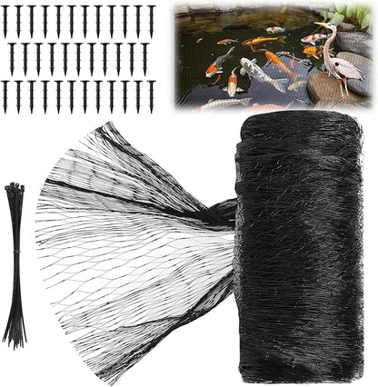 Koi Pond Netting Kit 28 x 30ft, Bird Deer Fence Netting, Durable Net Cover for Leaves, Heavy Duty Fine Mesh, Protect Fish from Blue Heron Birds, Cats & Predators, 35pcs Stakes & Ties Included