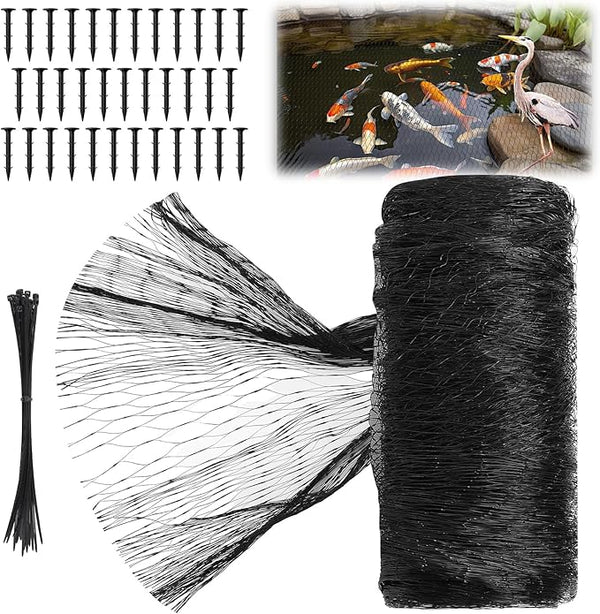 Koi Pond Netting Kit 28 x 30ft, Bird Deer Fence Netting, Durable Net Cover for Leaves, Heavy Duty Fine Mesh, Protect Fish from Blue Heron Birds, Cats & Predators, 35pcs Stakes & Ties Included