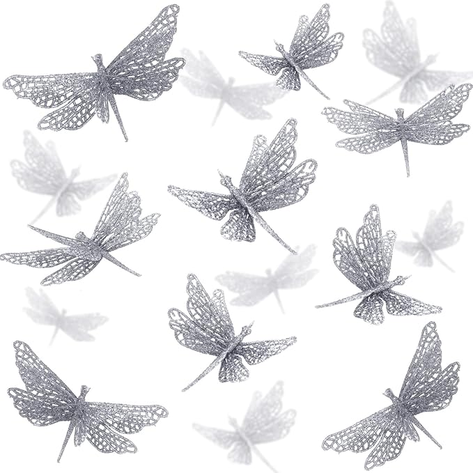 24 Pcs Glitter Dragonfly Decorations, Silver 3D Dragonfly Wall Decor with Clips Stem for Spring Summer Garden Party Wedding, Glitter Dragonflies for Floral Arrangement DIY Craft