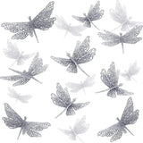 24 Pcs Glitter Dragonfly Decorations, Silver 3D Dragonfly Wall Decor with Clips Stem for Spring Summer Garden Party Wedding, Glitter Dragonflies for Floral Arrangement DIY Craft