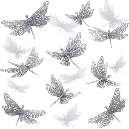 24 Pcs Glitter Dragonfly Decorations, Silver 3D Dragonfly Wall Decor with Clips Stem for Spring Summer Garden Party Wedding, Glitter Dragonflies for Floral Arrangement DIY Craft