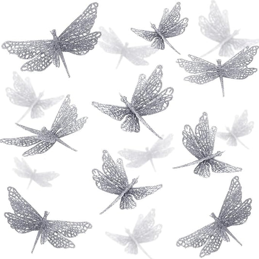 24 Pcs Glitter Dragonfly Decorations, Silver 3D Dragonfly Wall Decor with Clips Stem for Spring Summer Garden Party Wedding, Glitter Dragonflies for Floral Arrangement DIY Craft
