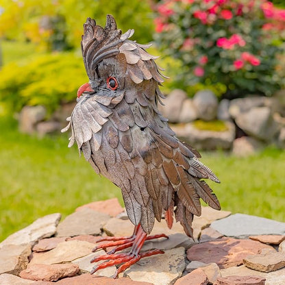 Zaer Ltd. Great Horned Owl Metal Garden Accent, Indoor/Outdoor Decor, Hand-Painted Black-Grey Finish (16" Tall Hickory)