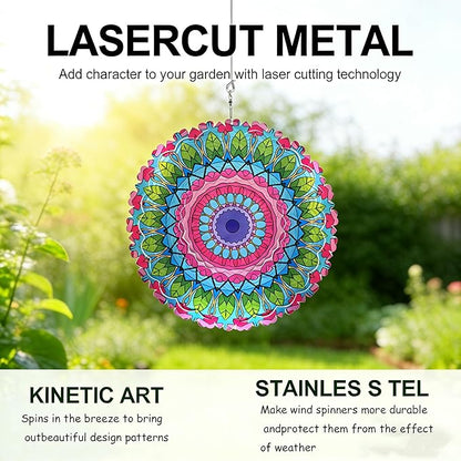 Mandala Metal Wind Spinner Outdoors - Large 12 Inch 3D & Indoor Hanging Decor, Garden & Yard Ornament | Unique Kinetic Sculpture Gift for Women, Boho Porch & Lawn Decor - Christmas Thanksgiving Gift